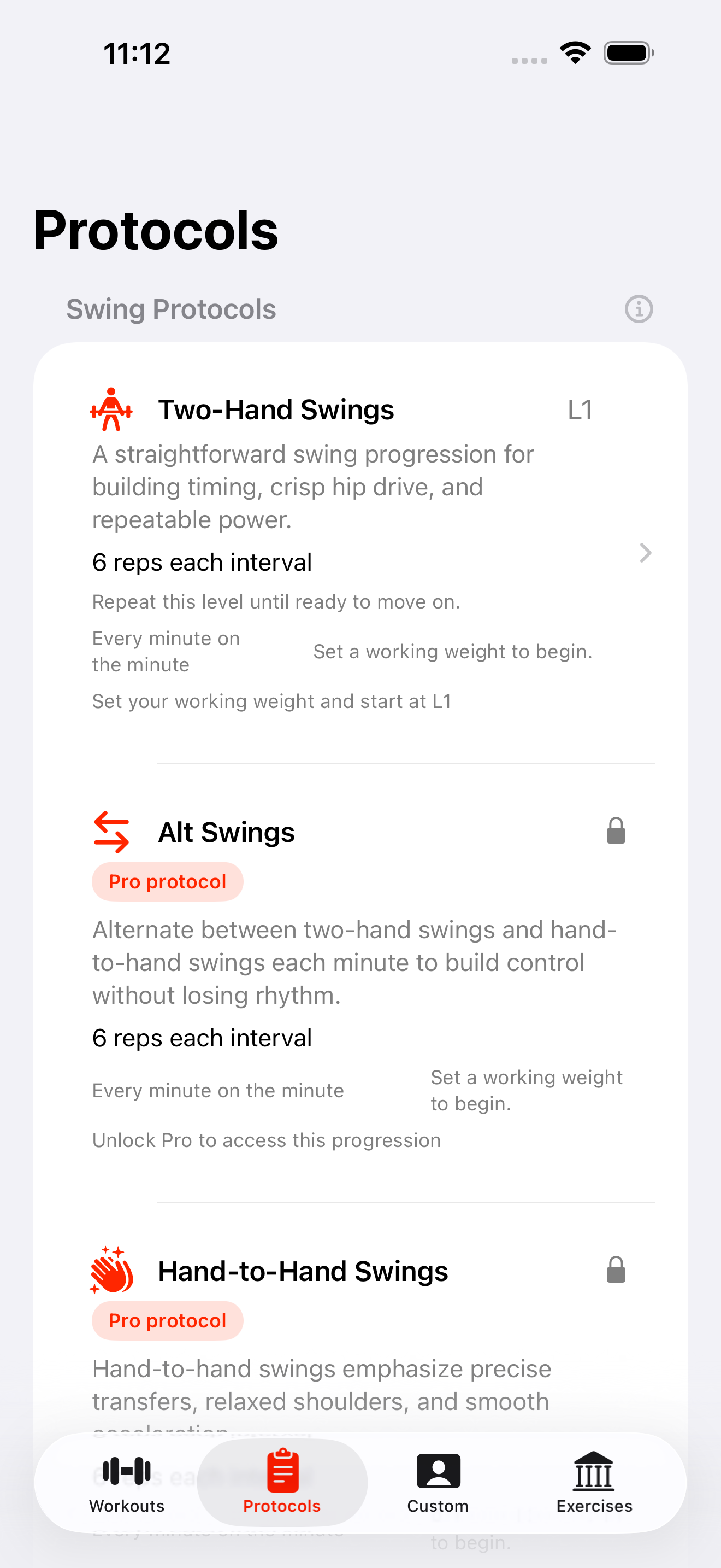 Kettlebell Circuits screenshot showing swing protocols